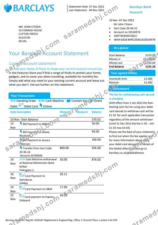 United Kingdom Barclays bank account statement template in Word and PDF format, version 1